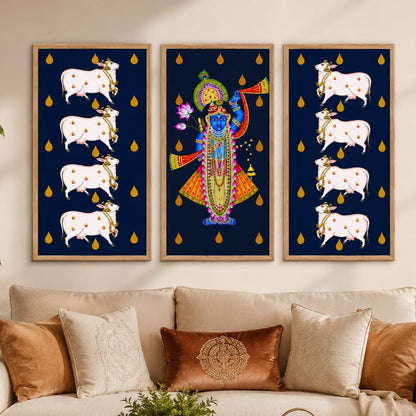 Set of 3 Shrinathji Cow Pichwai Wall Paintings with Sparkle Laminate, Premium Wooden Synthetic Frame, Krishna Religious Art for Living Room Bedroom Temple Decor