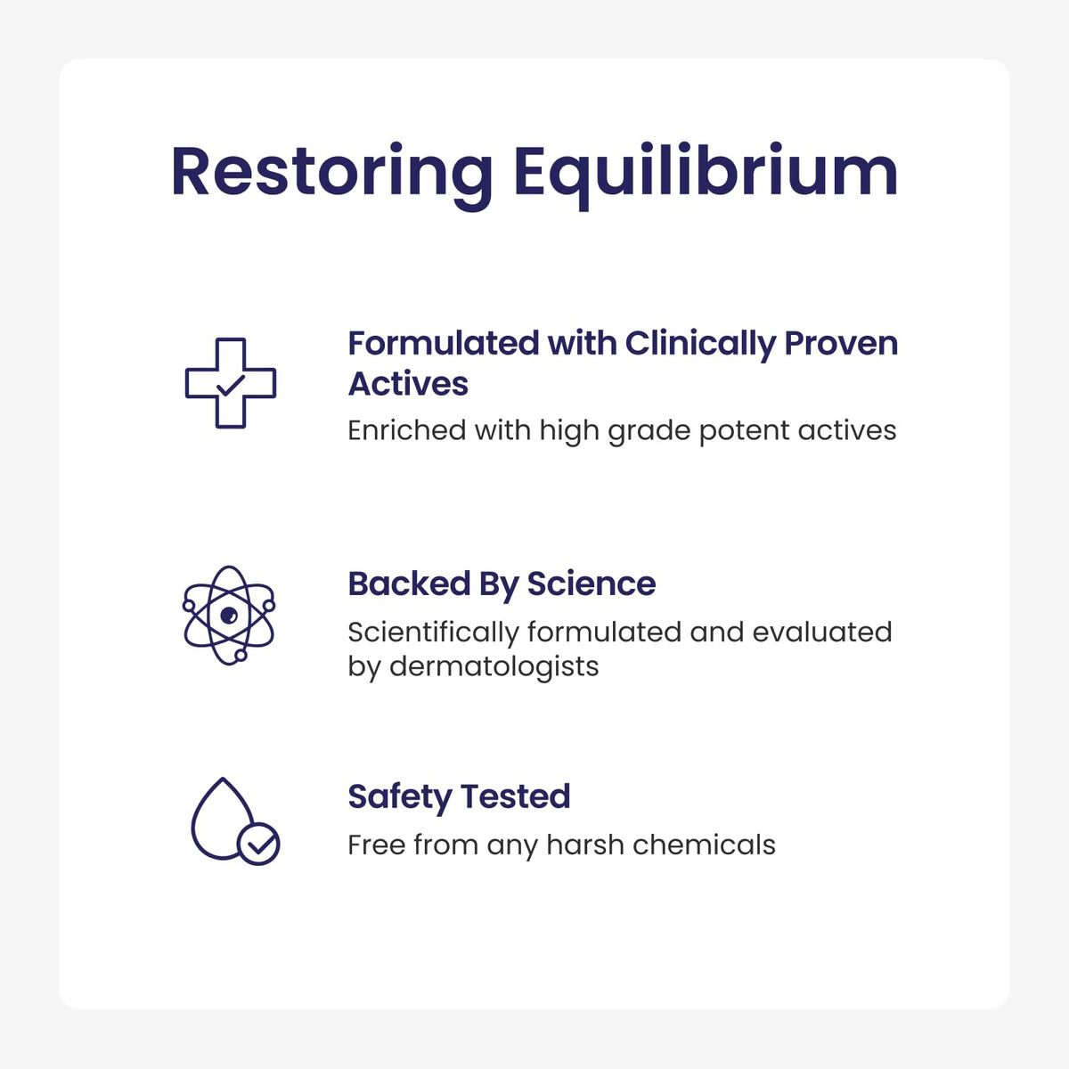 Text on a white background about restoring equilibrium with clinically proven actives, science backing, and safety testing.