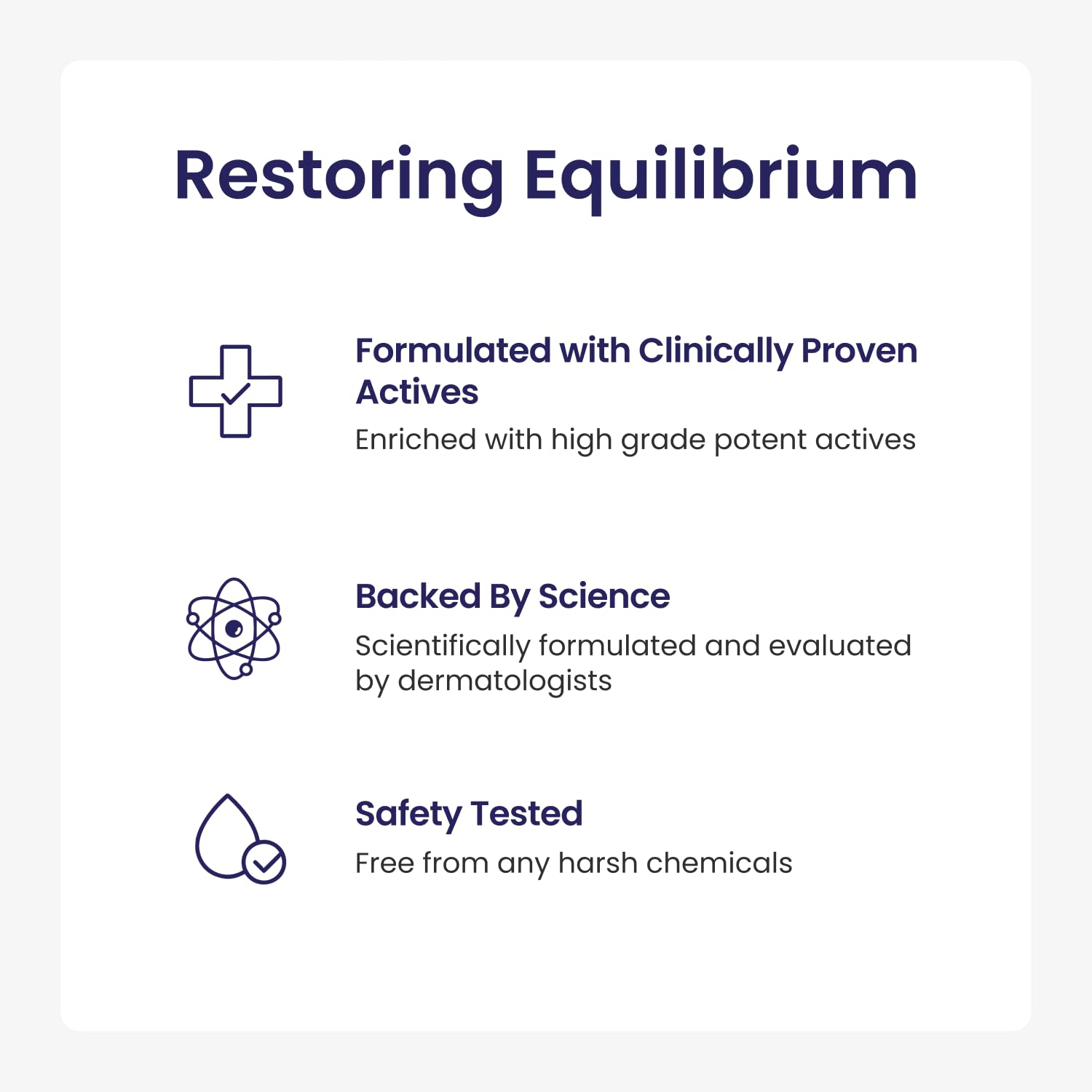 Text on a white background about restoring equilibrium with clinically proven actives, science backing, and safety testing.