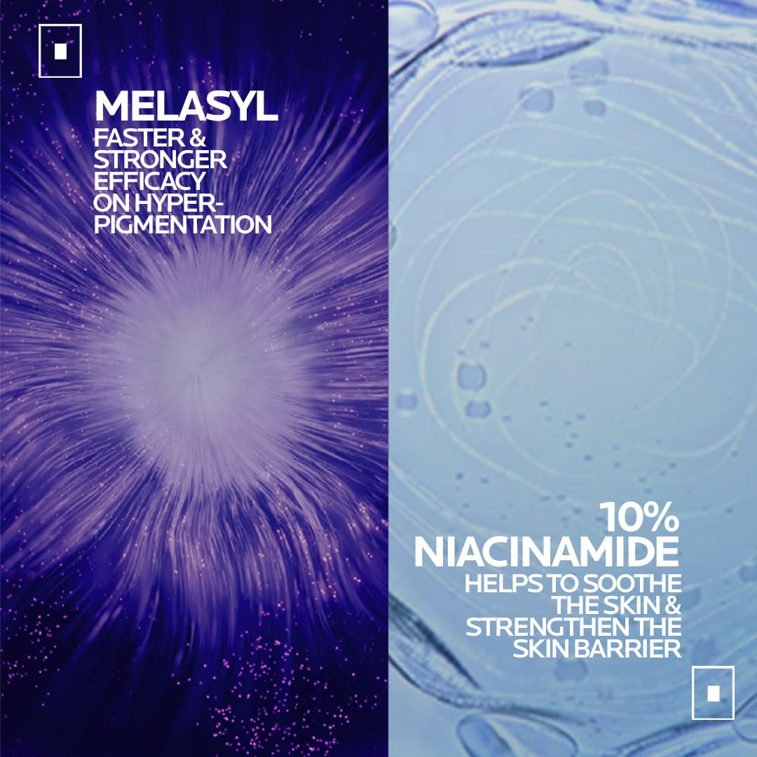 Advertisement for Melasyl with purple and blue design elements and text about niacinamide benefits.