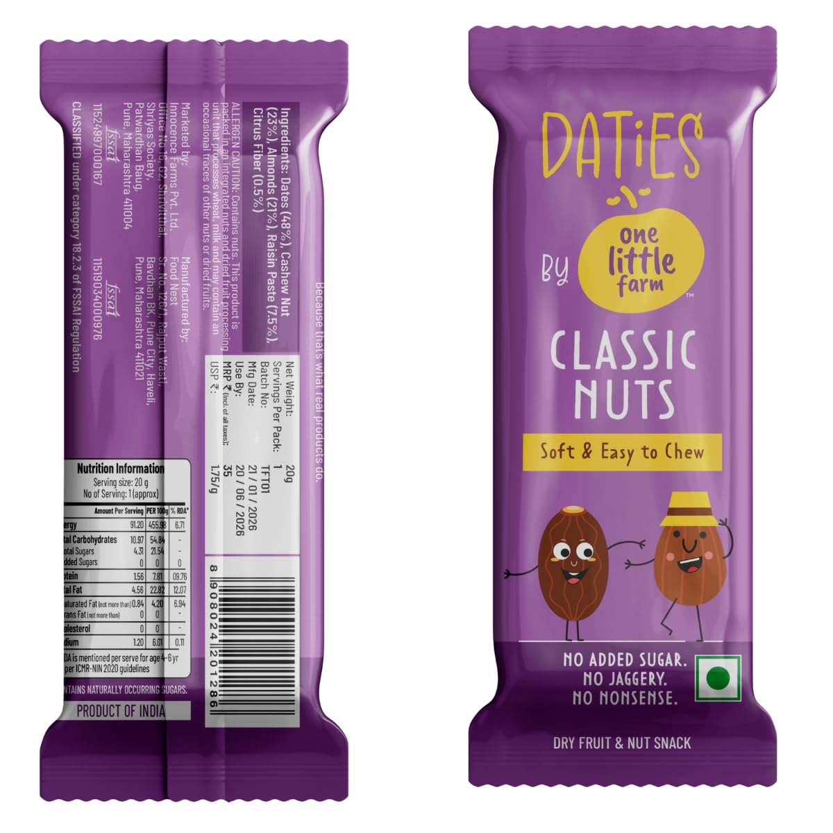 Daties by One Little Farm - Combo Pack Date Bites | Made with Dates, Cashew & Almond | Clean-Label Healthy Snack for Kids | Soft and Easy to Chew | No Added Sugar or Jaggery | 20g Each (Pack of 8)