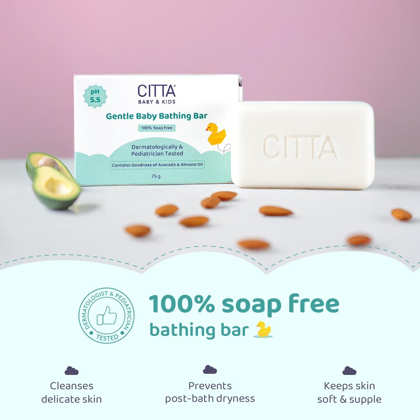 CITTA Bathing Bar for Babies & Kids | Soap-Free, No Tears | Dermatologist Approved pH Balanced Wash for Sensitive Skin | Gentle Moisturizing Formula for Soft & Glowing Skin | 75g
