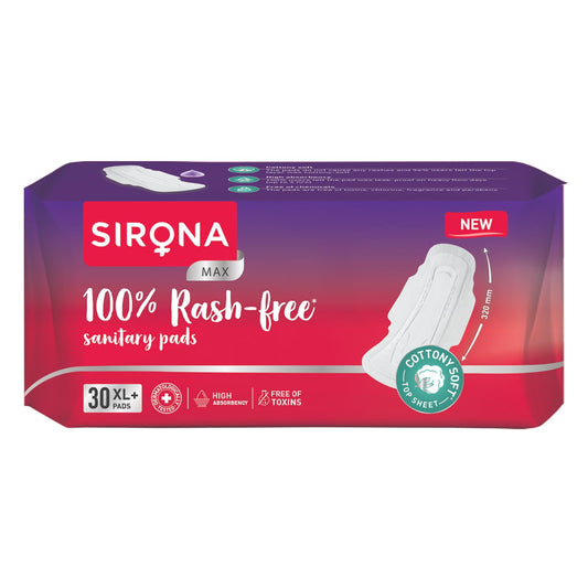 Sirona 100% Rash-free sanitary pads packaging on a white background