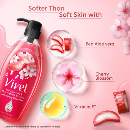 Vivel Red Aloe Vera & Cherry Blossom Scent Shower Gel, 895 ml, Moisturizing Body Wash, with Plant based Cleansers, Body wash Shower Gel for Women & Men, For All Skin Types