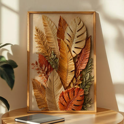 Tropical Leaf Wall Painting with Frame Set of 1 | Premium Textured Botanical Leaves Artwork, Luxury Nature Wall Decor for Living Room, Bedroom, Office and Home Decoration (Art-6,10x13inch)