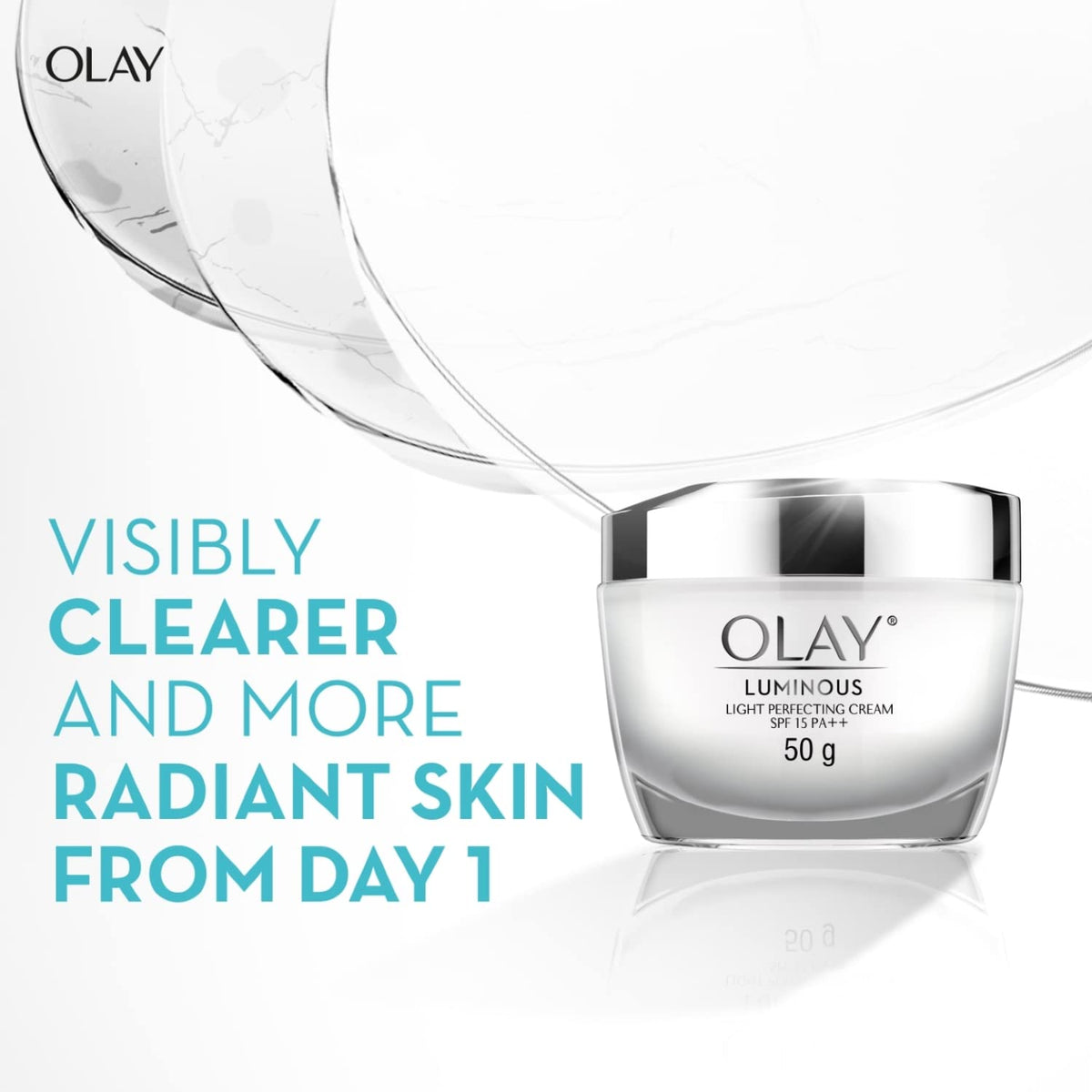 Olay Luminous light perfecting cream jar with text on a white background