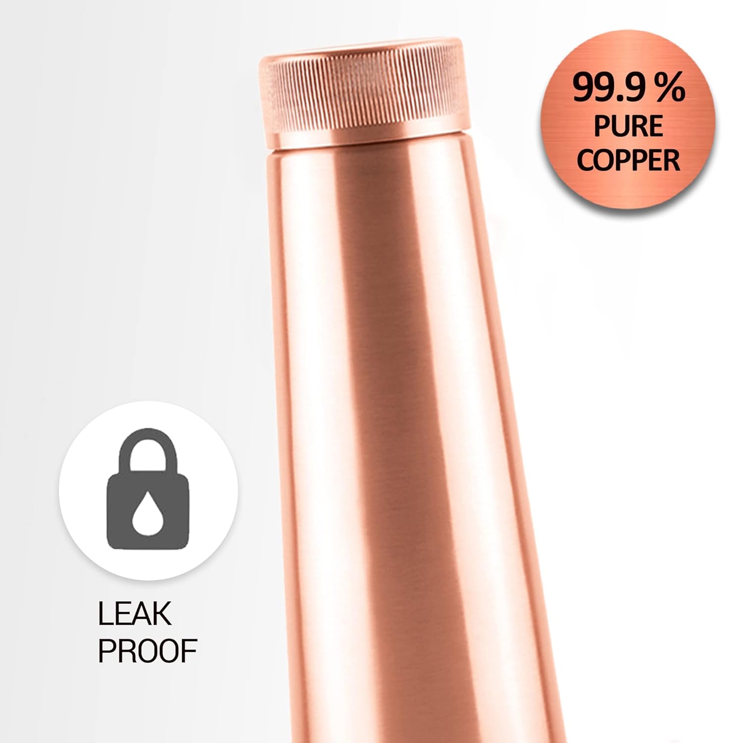 Copper water bottle with '99.9% Pure Copper' and 'Leak Proof' labels on a light gray background