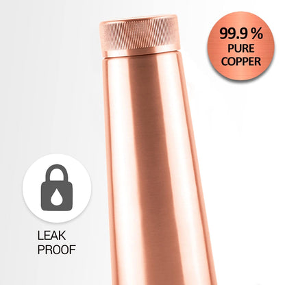 Copper water bottle with '99.9% Pure Copper' and 'Leak Proof' labels on a light gray background