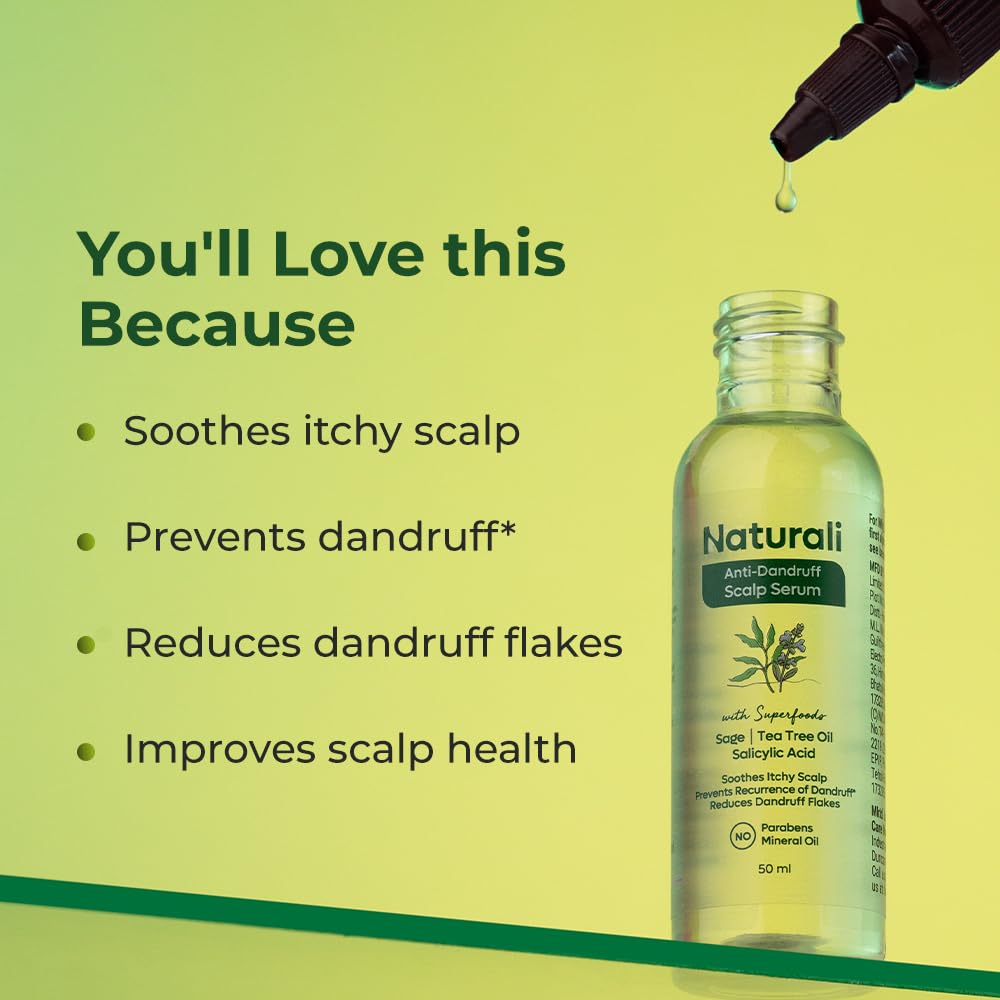Bottle of Naturali Anti-Dandruff Scalp Serum with text highlighting benefits on a green background