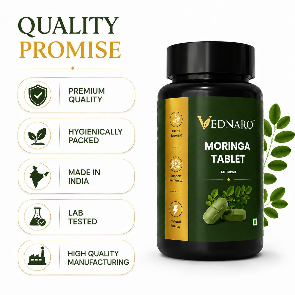 VEDNARO Moringa Tablets 60 Count | Herbal Supplement for Daily Wellness | Plant-Based Moringa Leaf Tablets | Supports Energy & Immunity