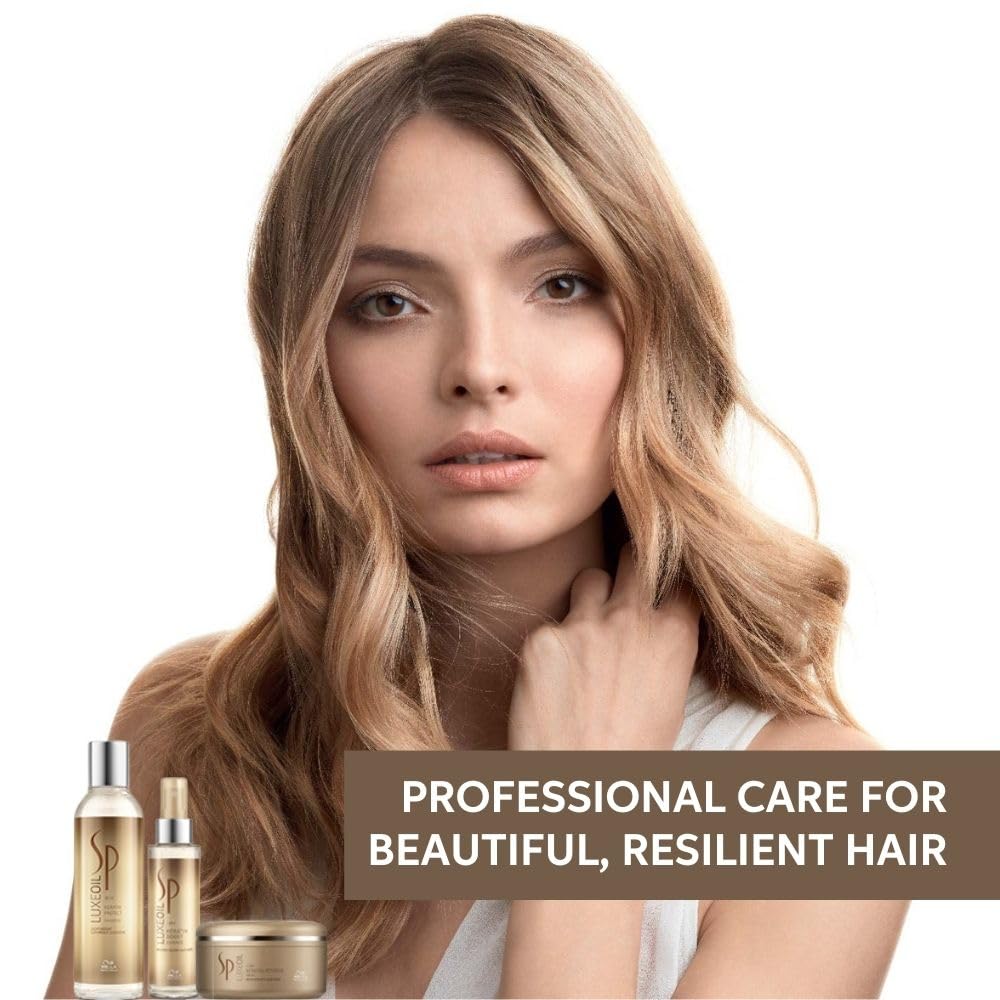Woman with styled hair and hair care products with text 'Professional care for beautiful, resilient hair'.