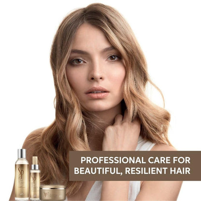 Woman with styled hair and hair care products with text 'Professional care for beautiful, resilient hair'.