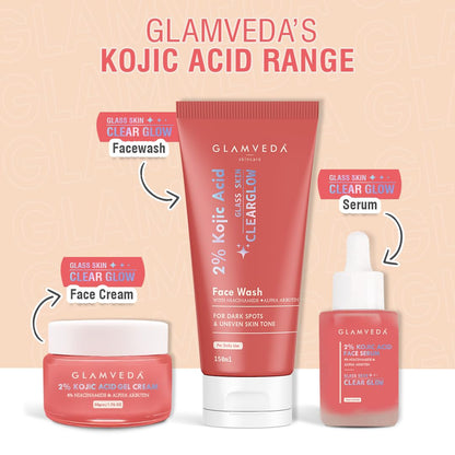 Glamveda Kojic Acid skincare range with face wash, serum, and cream on a beige background
