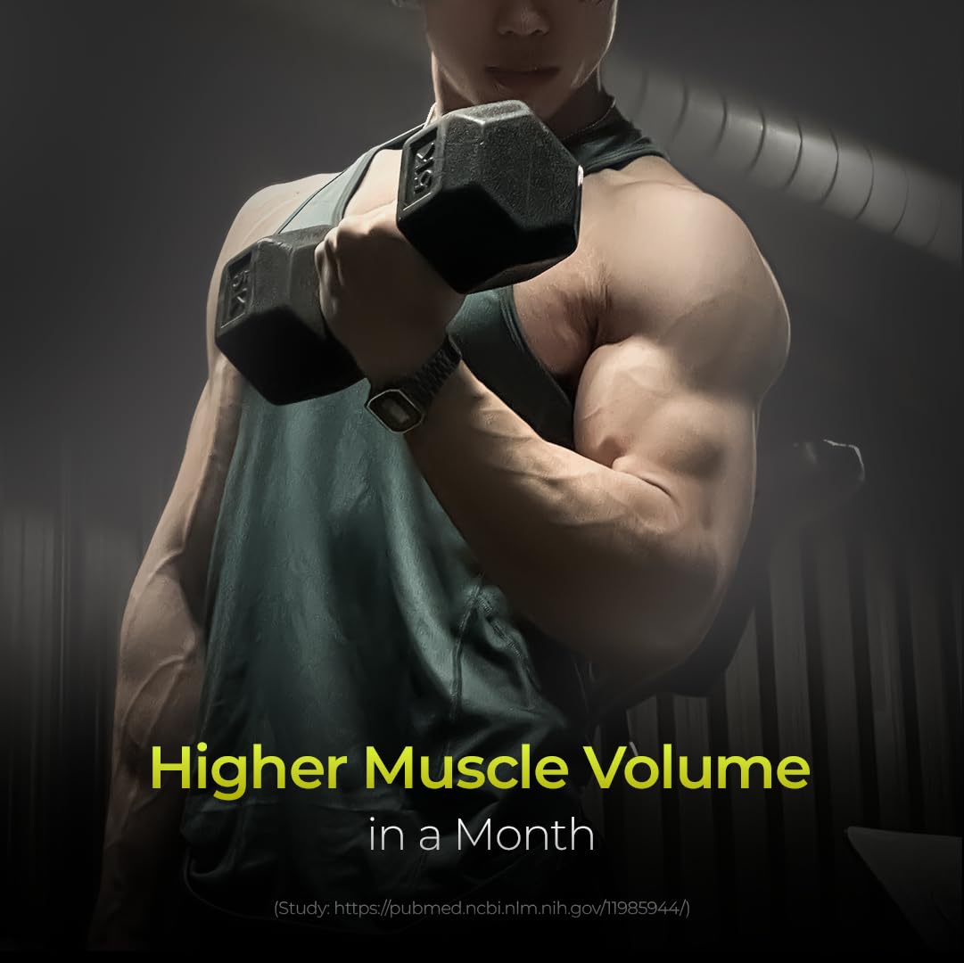 Muscular person holding dumbbells with text about higher muscle volume in a month.