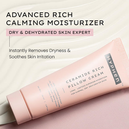 Pink tube of HYPHEN Ceramide Rich Pillow Cream on a light pink background