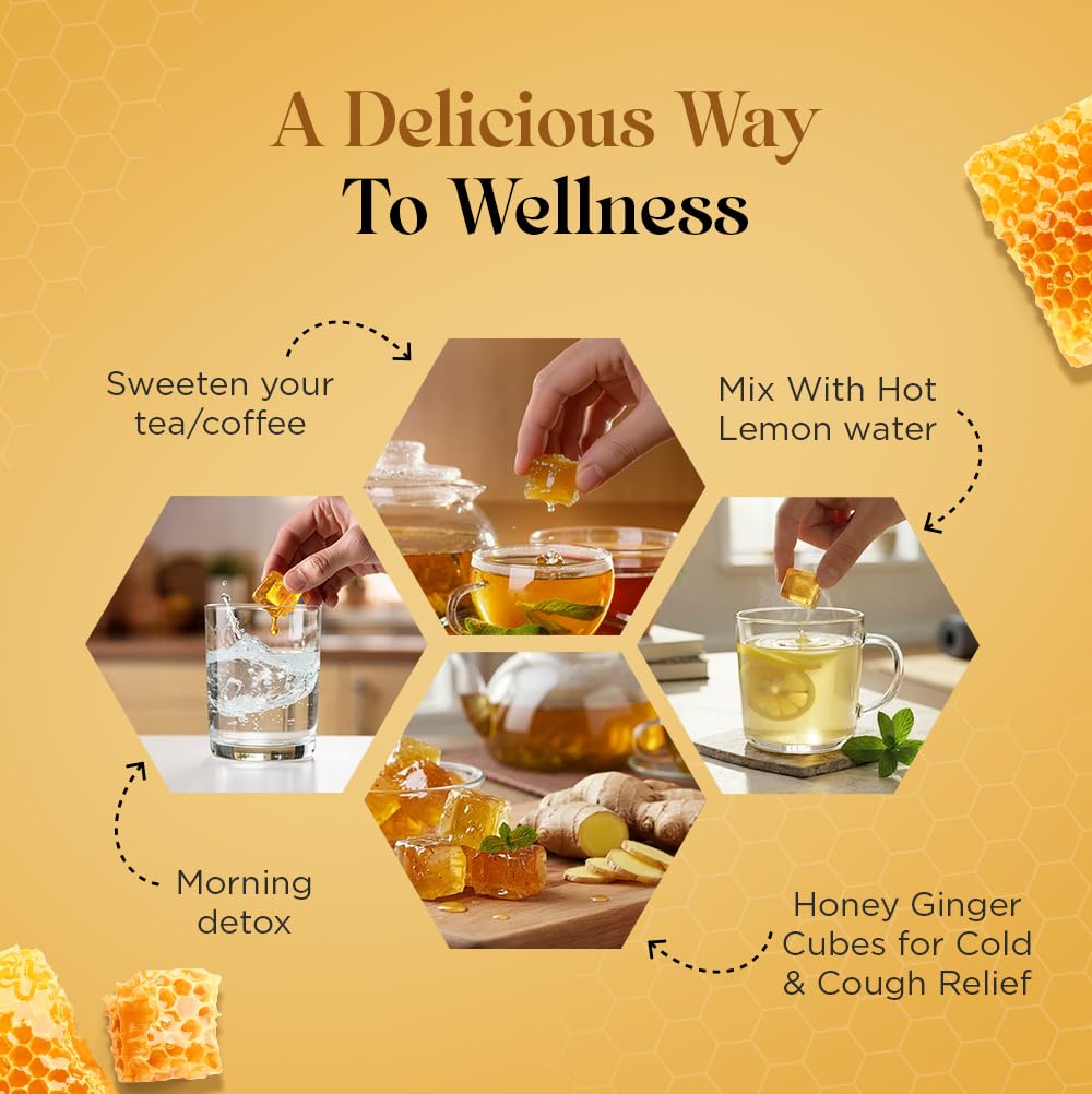 Promotional graphic for honey ginger cubes with usage instructions on a yellow background.