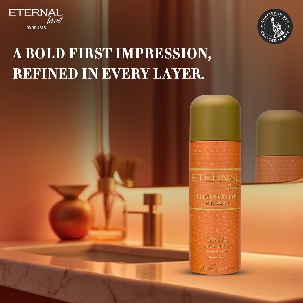 Eternal Love Parfums bottle on a marble surface with decorative vases in the background.