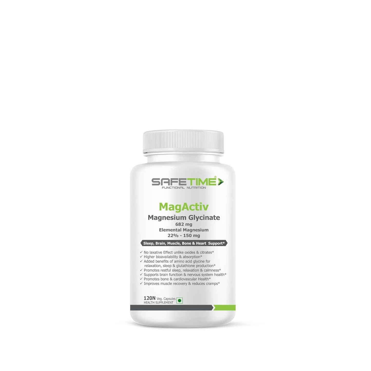 Supplement bottle labeled 'MagActiv' by Safetimenutrition on a white background
