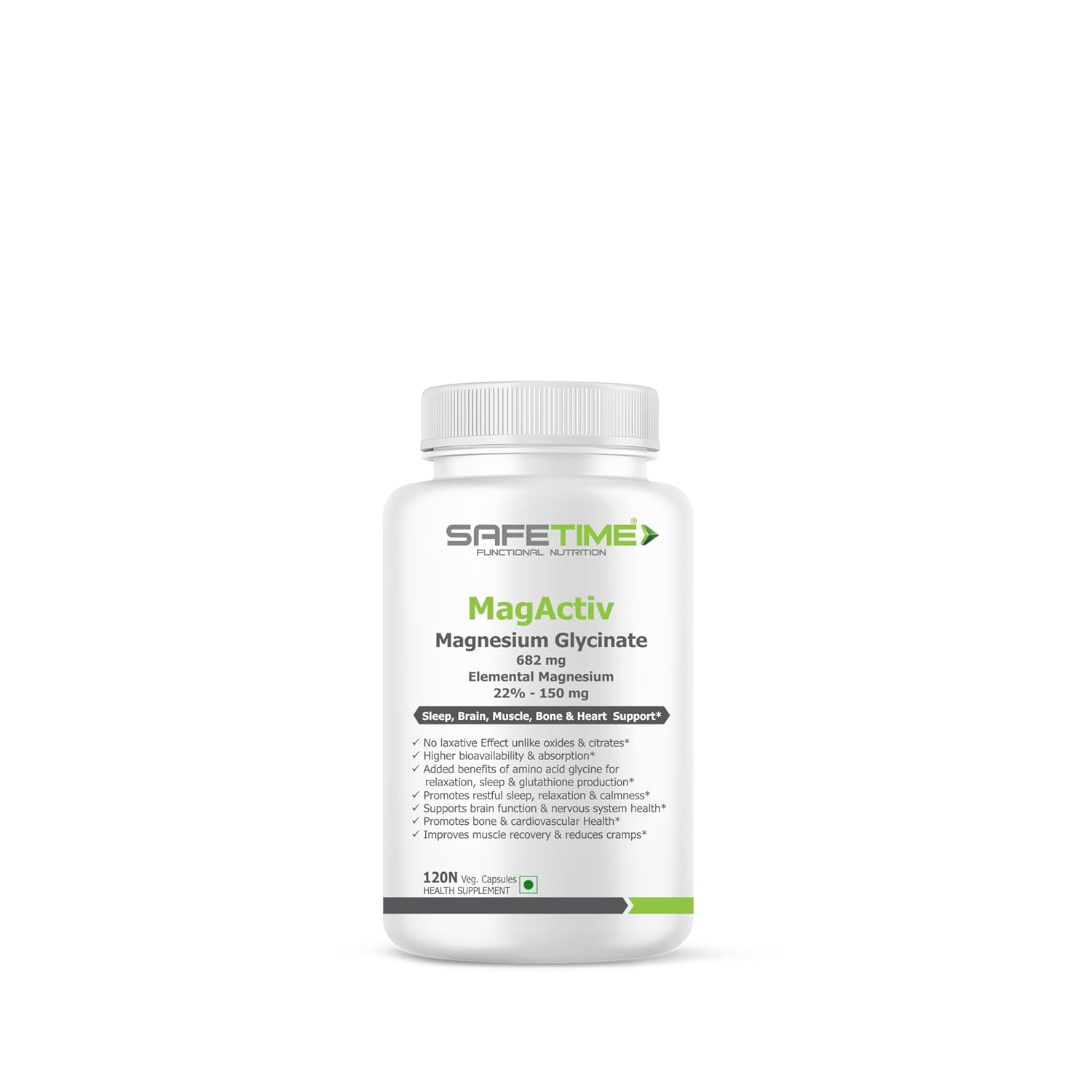 Supplement bottle labeled 'MagActiv' by Safetimenutrition on a white background