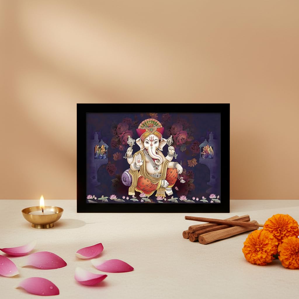 Lucky Pagdi Ganesha Religious Wooden Art Framed Painting - Ready to Hang (Multicolour, Medium, 12inch x 18 inch)