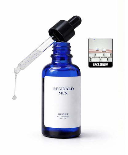 Blue serum bottle with dropper labeled 'Reginald Men' on a white background