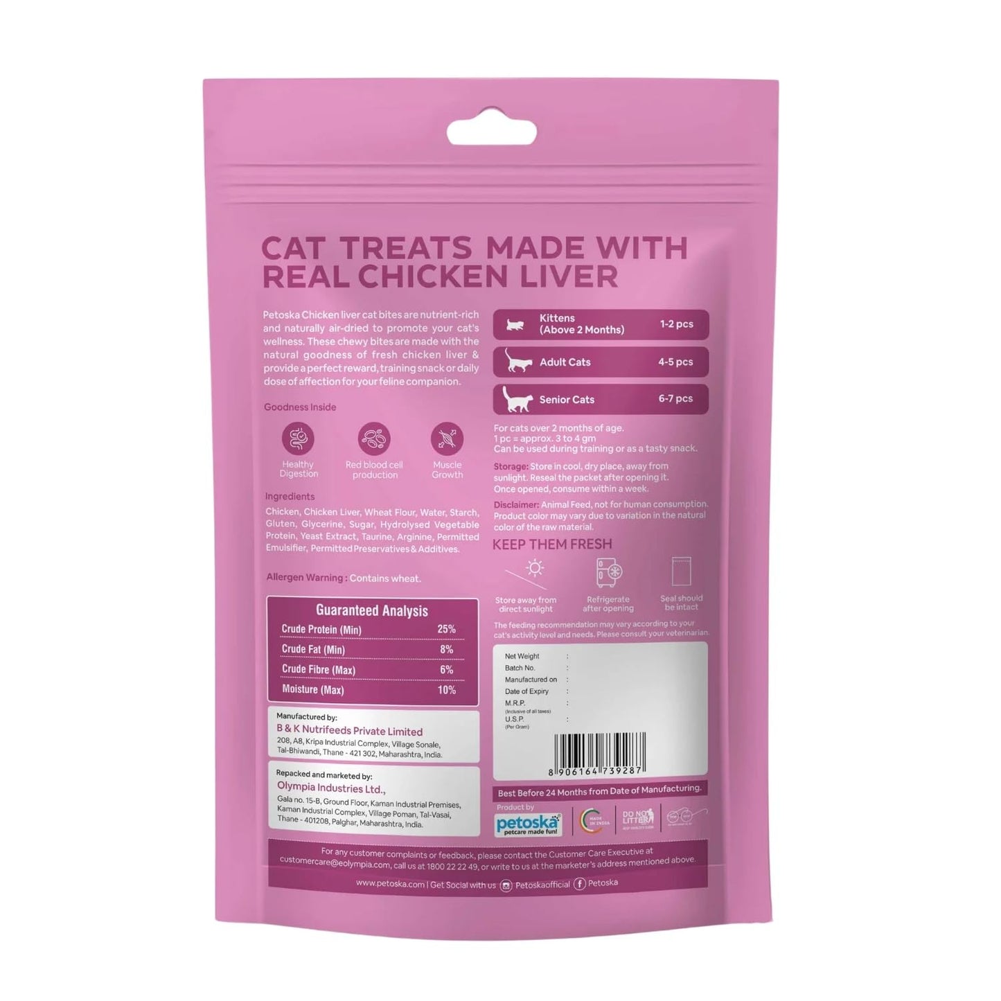 Petoska Chicken Liver Cat Treats – 100g | Air-Dried Real Chicken & Liver Bites with Taurine & Omega-3 | Chewy High-Protein Snack for Digestion & Muscle Growth | Kittens & Adult Cats