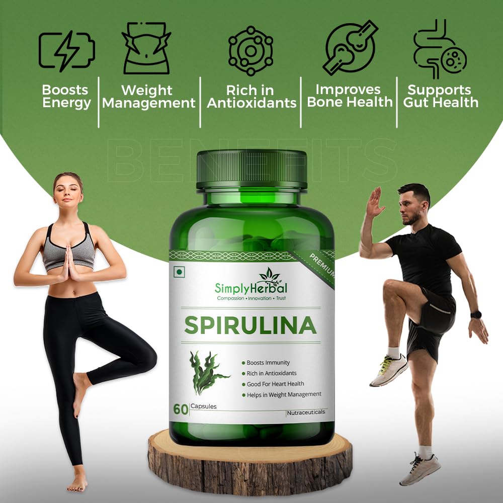 Simply Herbal Spirulina Capsules for Immunity | Natural Super Food and Nutritional Supplement | Green Food for Good Health Weight Management and Immunity Booster – 60 Capsules