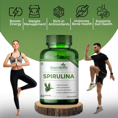 Simply Herbal Spirulina Capsules for Immunity | Natural Super Food and Nutritional Supplement | Green Food for Good Health Weight Management and Immunity Booster – 60 Capsules