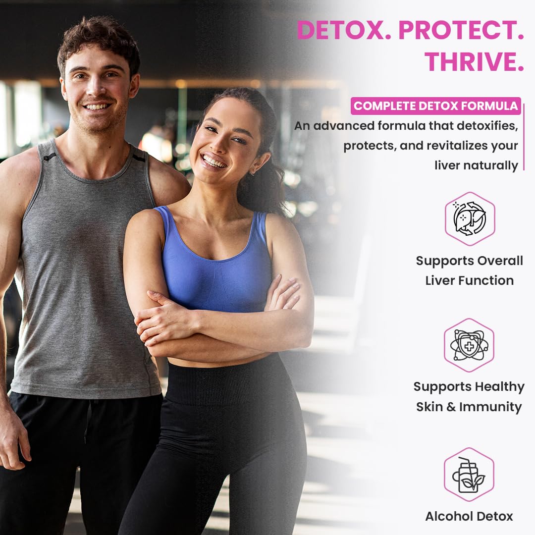 Two people standing together with promotional text about a detox formula.