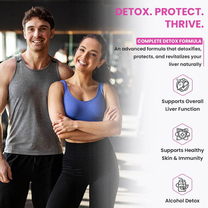 Two people standing together with promotional text about a detox formula.