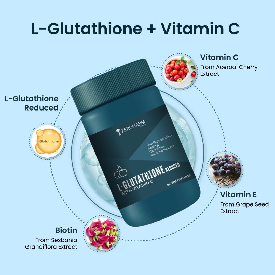 ZEROHARM L-Glutathione Reduced with Vitamin C, E & Biotin | Glutathione Capsules for Skin Whitening | Skin Glow, Pigmentation & Collagen Support for Men and Women | 1000mg per Serving | 60 Capsules