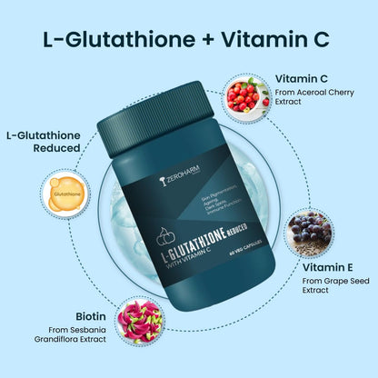 ZEROHARM L-Glutathione Reduced with Vitamin C, E & Biotin | Glutathione Capsules for Skin Whitening | Skin Glow, Pigmentation & Collagen Support for Men and Women | 1000mg per Serving | 60 Capsules