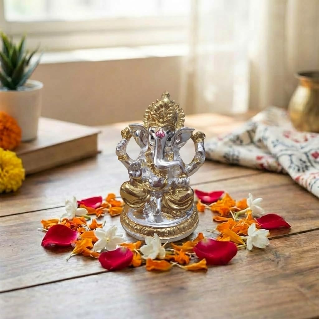 Gold Plated Ganesh Idol | Ganpati Murti for Car Dashboard, Office Desk, Hindu God Gift & Home Decor - Resin (Silver - 2.5 in)