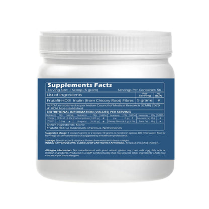 Supplement container with blue label on a white background