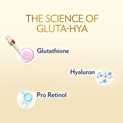 Diagram of Glutathione, Hyaluron, and Pro Retinol with a dropper labeled 'The Science of Gluta-Hya' on a beige background.