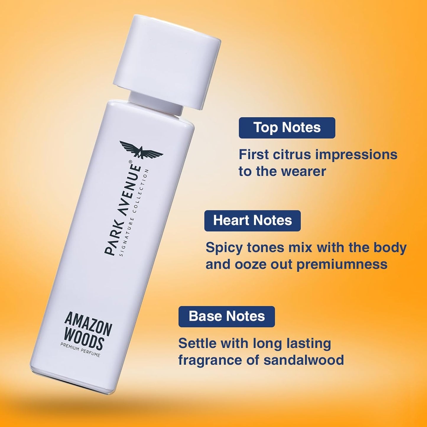 White bottle of Park Avenue Amazon Woods perfume with description of top, heart, and base notes on an orange background