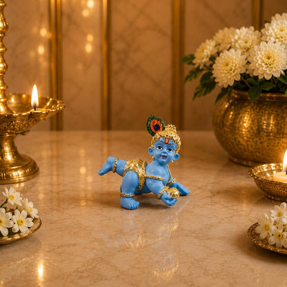 Gold Art India 24K Gold Plated Blue Terracotta Laddu Gopal Idol (2.5 Inch) with Premium Velvet Gift Box | Makhan Chor Bal Krishna Murti for Home Temple, Car Dashboard, Office Desk & Spiritual Gift