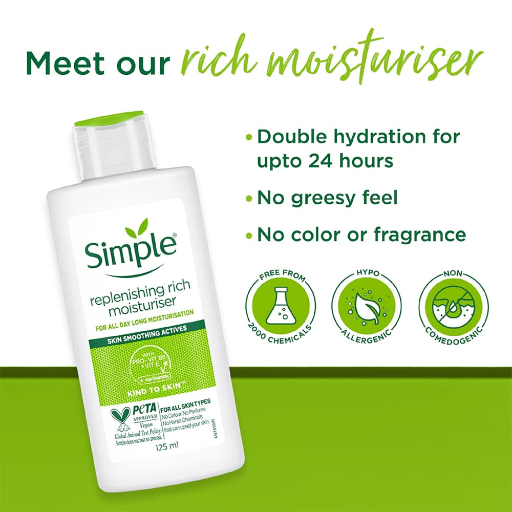 Simple replenishing rich moisturizer bottle with product features on a green background