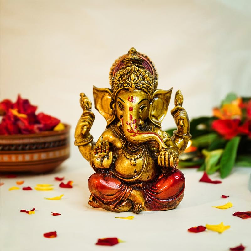 Aura Series Antique Gold Painted Ganesha Idol (5 inch) | Marble Dust Ganesh Murti for Pooja Room, Home Decor, Office Desk | Resin Vinayagar Statue for Diwali Puja | Vinayaka Idol for Gifting