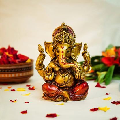 Aura Series Antique Gold Painted Ganesha Idol (5 inch) | Marble Dust Ganesh Murti for Pooja Room, Home Decor, Office Desk | Resin Vinayagar Statue for Diwali Puja | Vinayaka Idol for Gifting