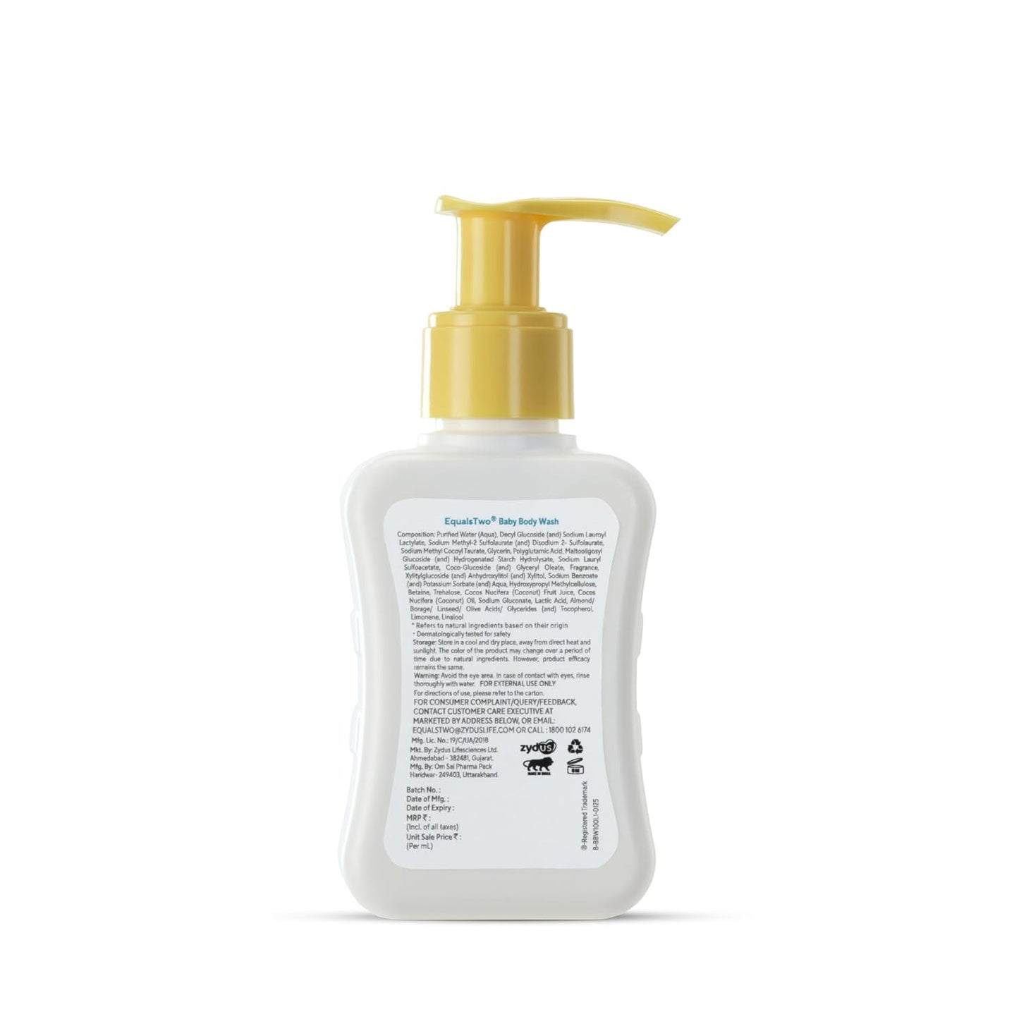 EQUALSTWO by Zydus Baby Body Wash 200ml, Tear-free & Soap-free, Head to Toe Baby Wash for Bath, Hypoallergenic & Dermatologically Tested, pH 5.5, Gentle Hydration for All Skin Types, (Pack 1)