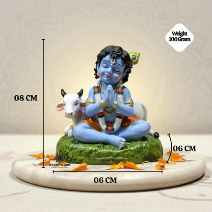Handcrafted Laddu Gopal Krishna Idol with Cow – Polyresin Bal Krishna Murti for Home Temple, Pooja Room, Car Dashboard, Office Desk, Janmashtami, Housewarming & Spiritual Gift, 8 cm