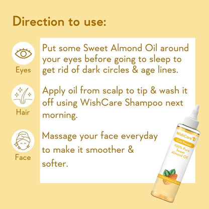 WishCare Sweet Almond Oil with usage instructions on a yellow background
