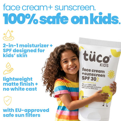 Child holding a tube of tüco Kids face cream and sunscreen with product features listed.