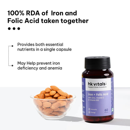 HealthKart hk vitals Iron + Folic Acid Supplement (60 Capsules) | With Zinc, Vitamin C & Vitamin B12, Supports Blood Building | Immunity and Energy
