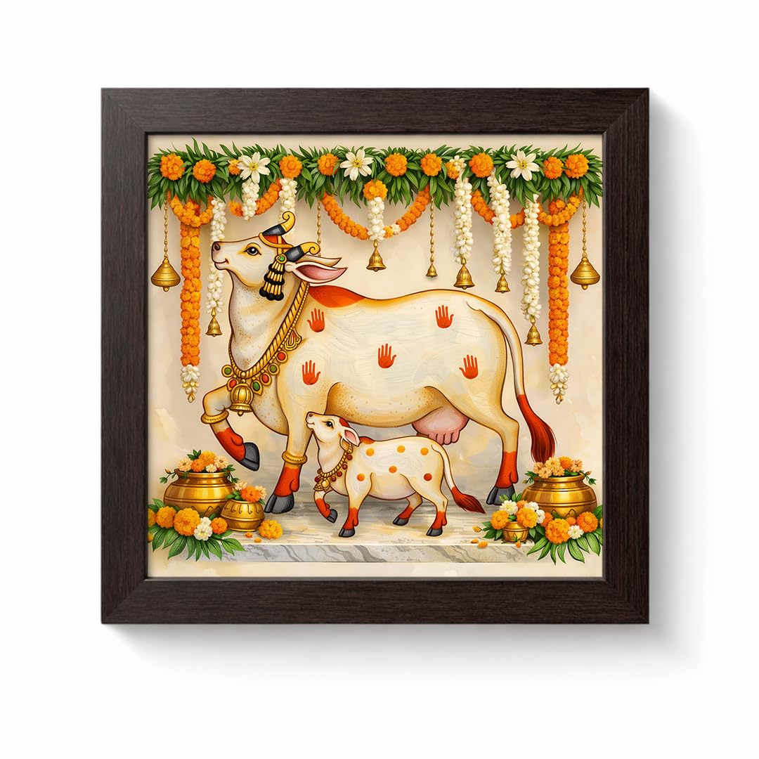 Kamdhenu Divine Vastu Sacred Cow Calf Hindu Spiritual Religious Pooja Mandir Traditional Indian Framed Poster Artwork Decor Painting