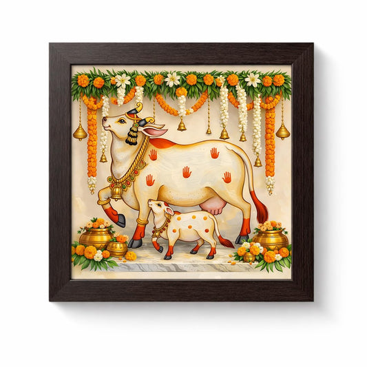 Kamdhenu Divine Vastu Sacred Cow Calf Hindu Spiritual Religious Pooja Mandir Traditional Indian Framed Poster Artwork Decor Painting