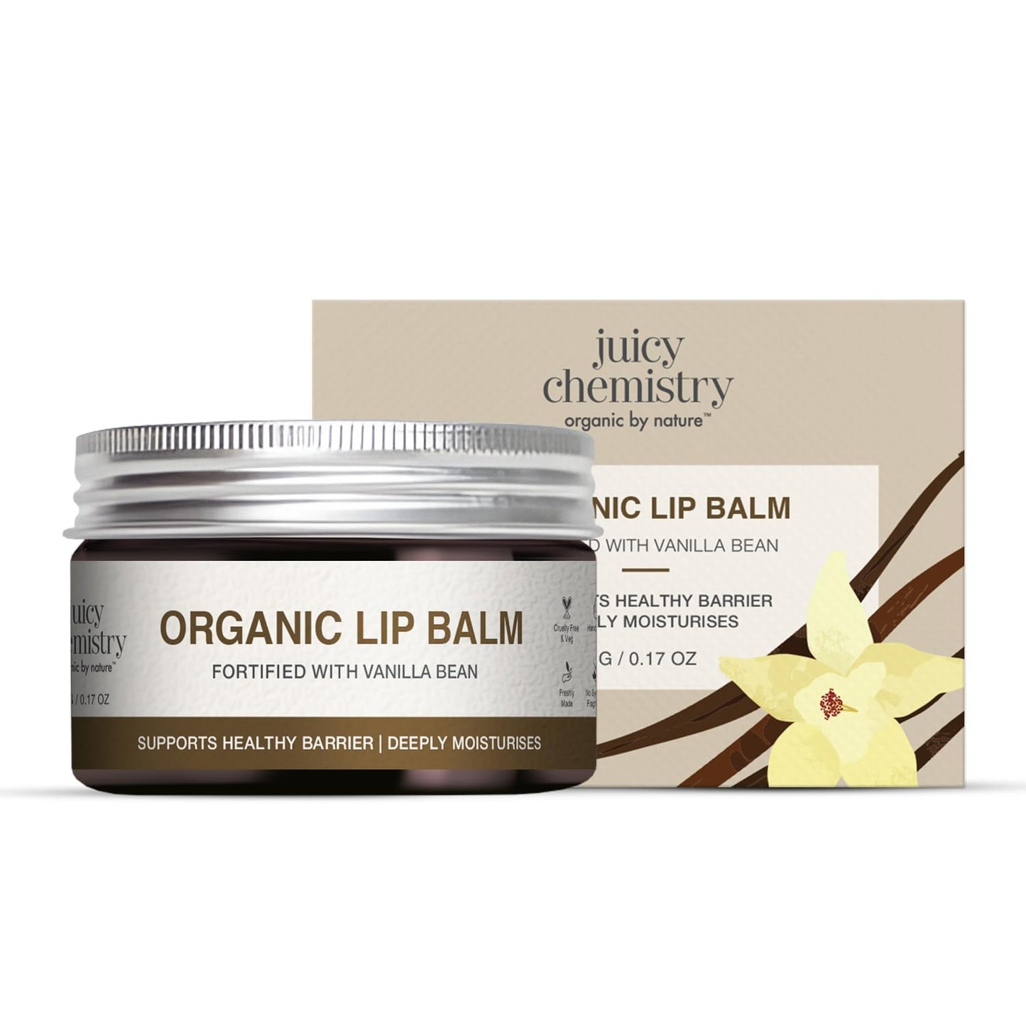 Juicy Chemistry Organic Lip Balm with Vanilla Bean, 5g | Deeply Moisturising & Nourishing Lip Care | Supports Healthy Lip Barrier | For Dry & Sensitive Lips | Dermatologically Tested | Cruelty Free & Veg