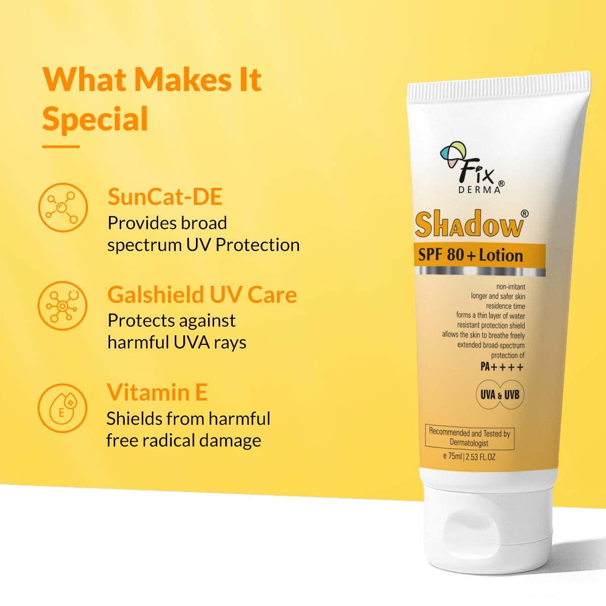 Fixderma Shadow Sunscreen SPF 80+ PA++++ Lotion | Oily Skin & Dry Skin | Protector SPF 80 | Body & Face | Broad Spectrum for UVA & UVB Protection | Women & Men | Non Greasy & Water Resistant - 75ml