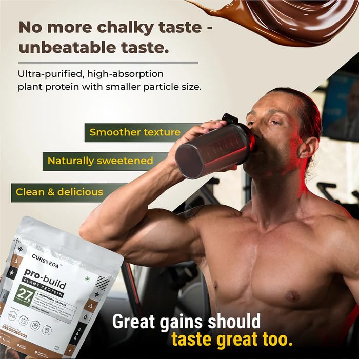 Man drinking a protein shake with text about protein quality and taste.